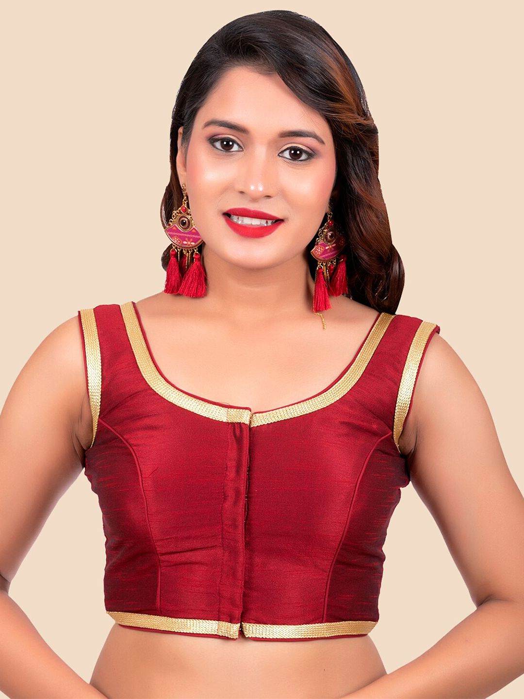 FEMMIBELLA Women Maroon Solid Padded Readymade Saree Blouse Price in India