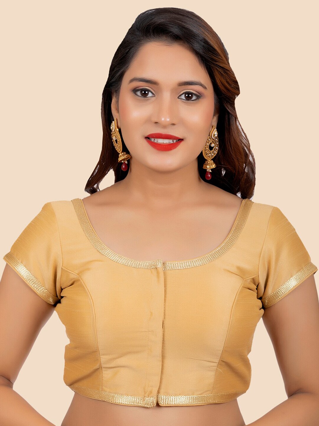 FEMMIBELLA Golden Solid Dupion Silk Padded Saree Blouse Price in India