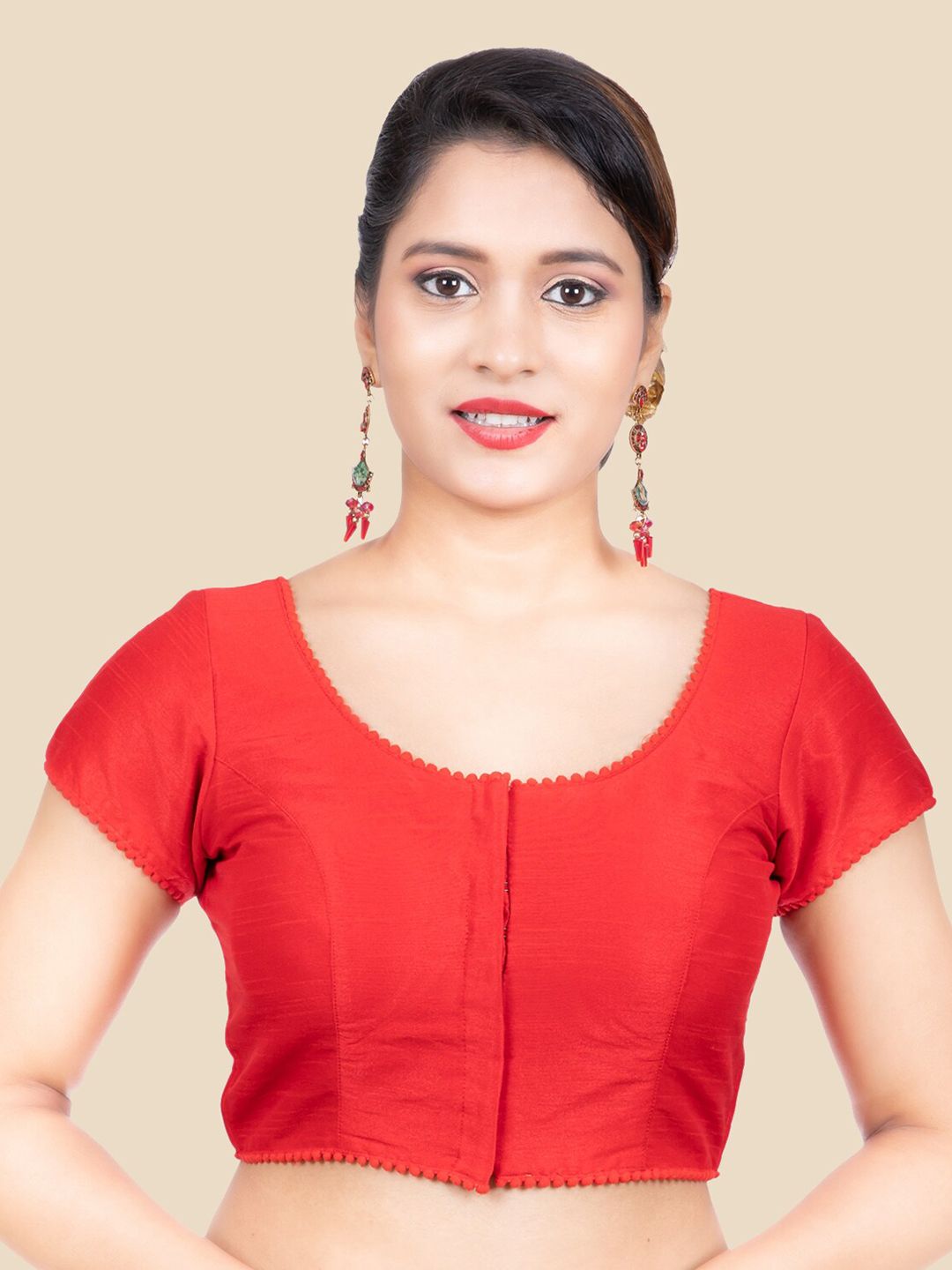 FEMMIBELLA Women Red Padded Raw Silk Princess Cut Readymade Saree Blouse Price in India
