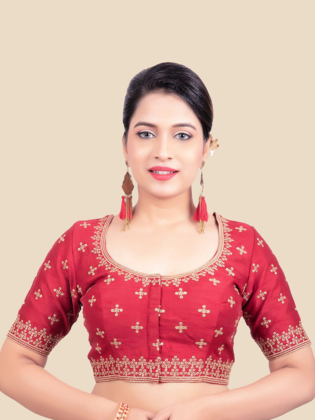 FEMMIBELLA Maroon & Golden Embroidered Padded Saree Blouse Price in India