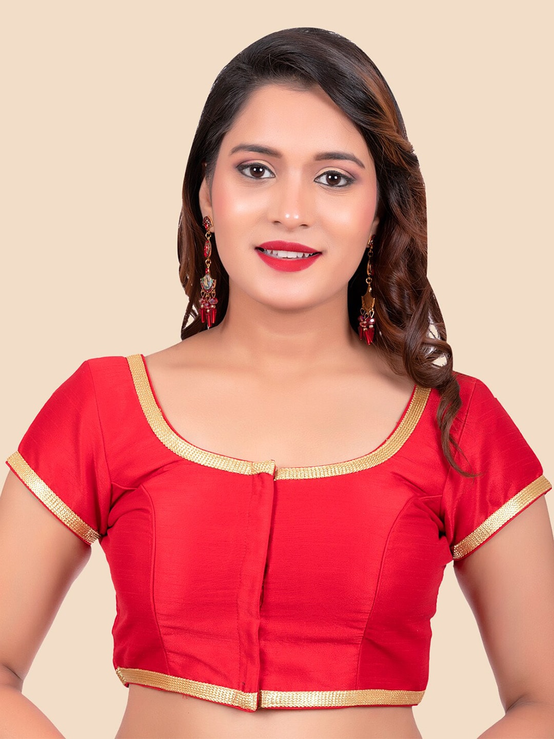 FEMMIBELLA Women Red & Golden Border Solid Padded Dupion Silk Saree Blouse Price in India
