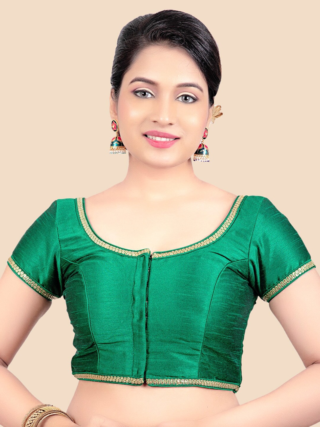FEMMIBELLA Women Green Solid Art-Silk Readymade Saree Blouse Price in India