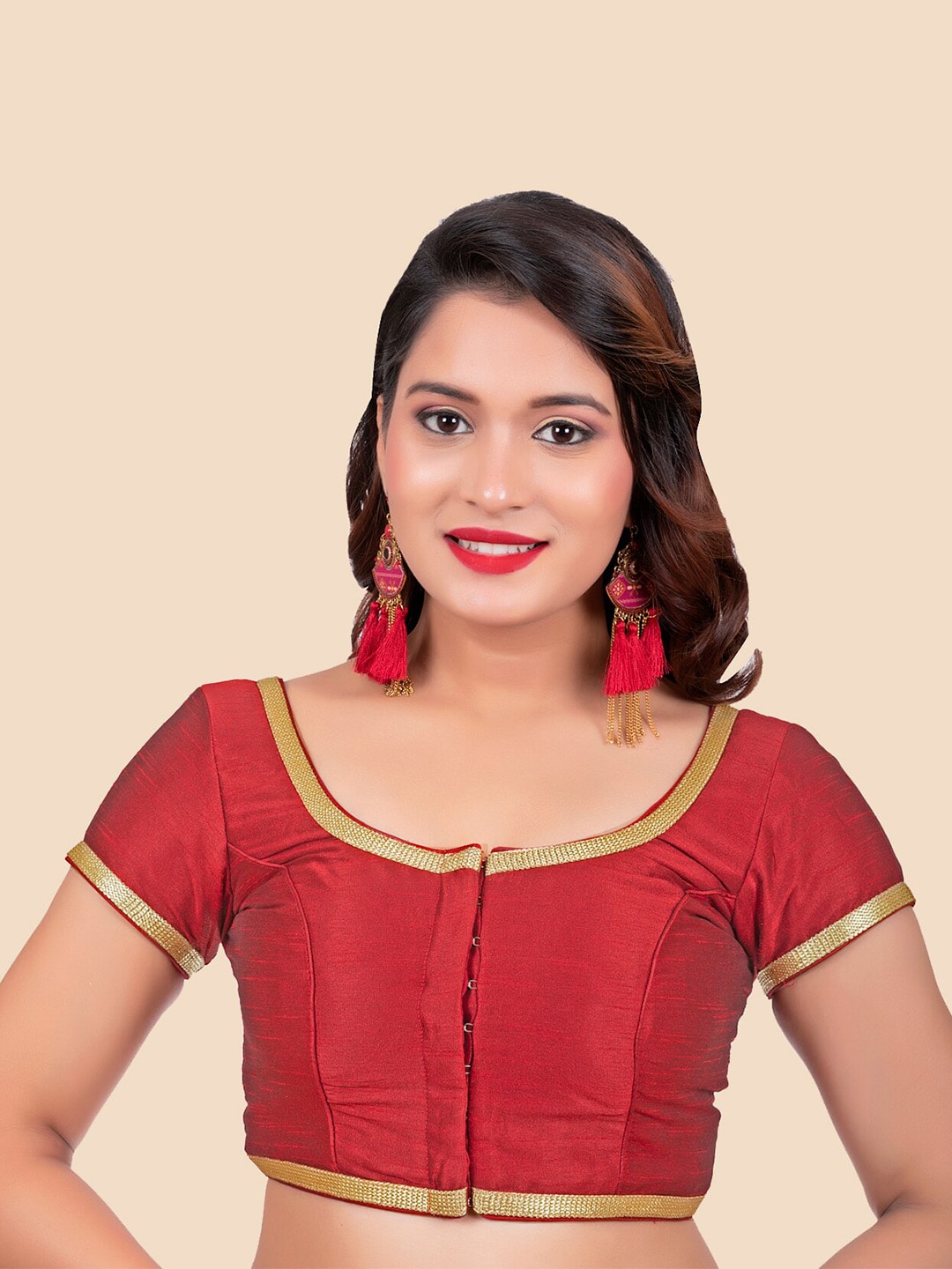 FEMMIBELLA Women Maroon & Gold-Toned Solid Ready to wear Saree Blouse Price in India