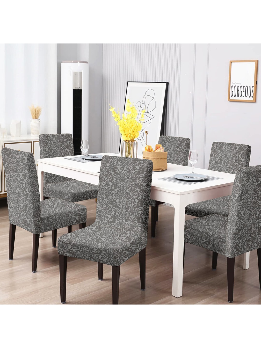 Cortina Set Of 6 Grey Printed Chair Cover Price in India