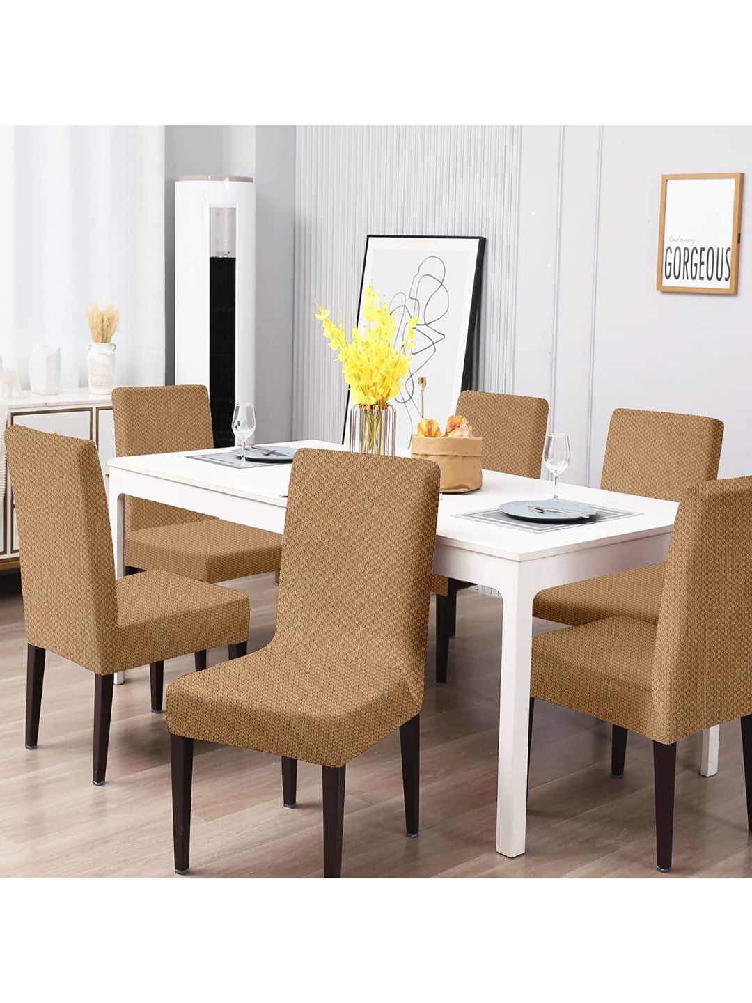 Cortina Set of 6 Brown Jacquard Stretchable Chair Slipcovers Price in India