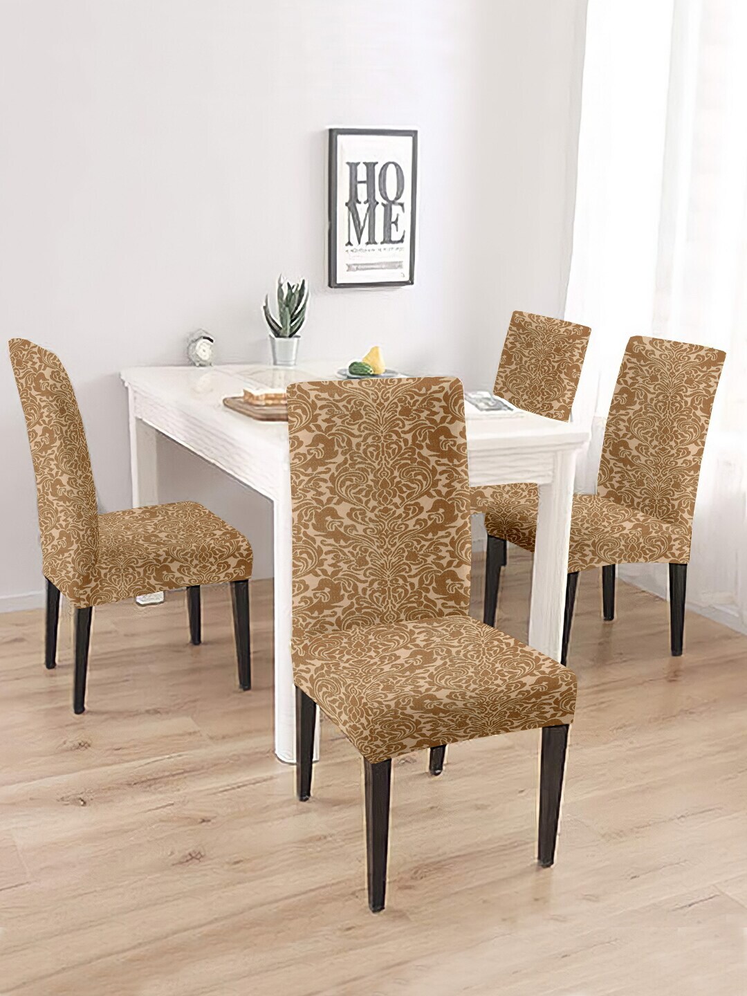 Cortina Brown Set of 4 Jacquard Stretchable Chair Slipcovers Price in India