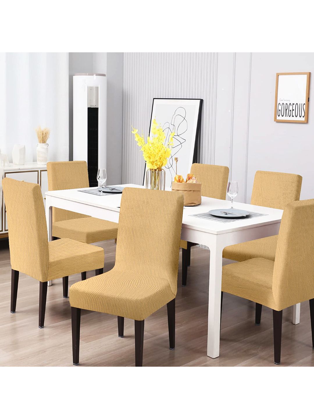 Cortina Cream-Colored Set of 6 Jacquard Stretchable Chair Slipcovers Price in India