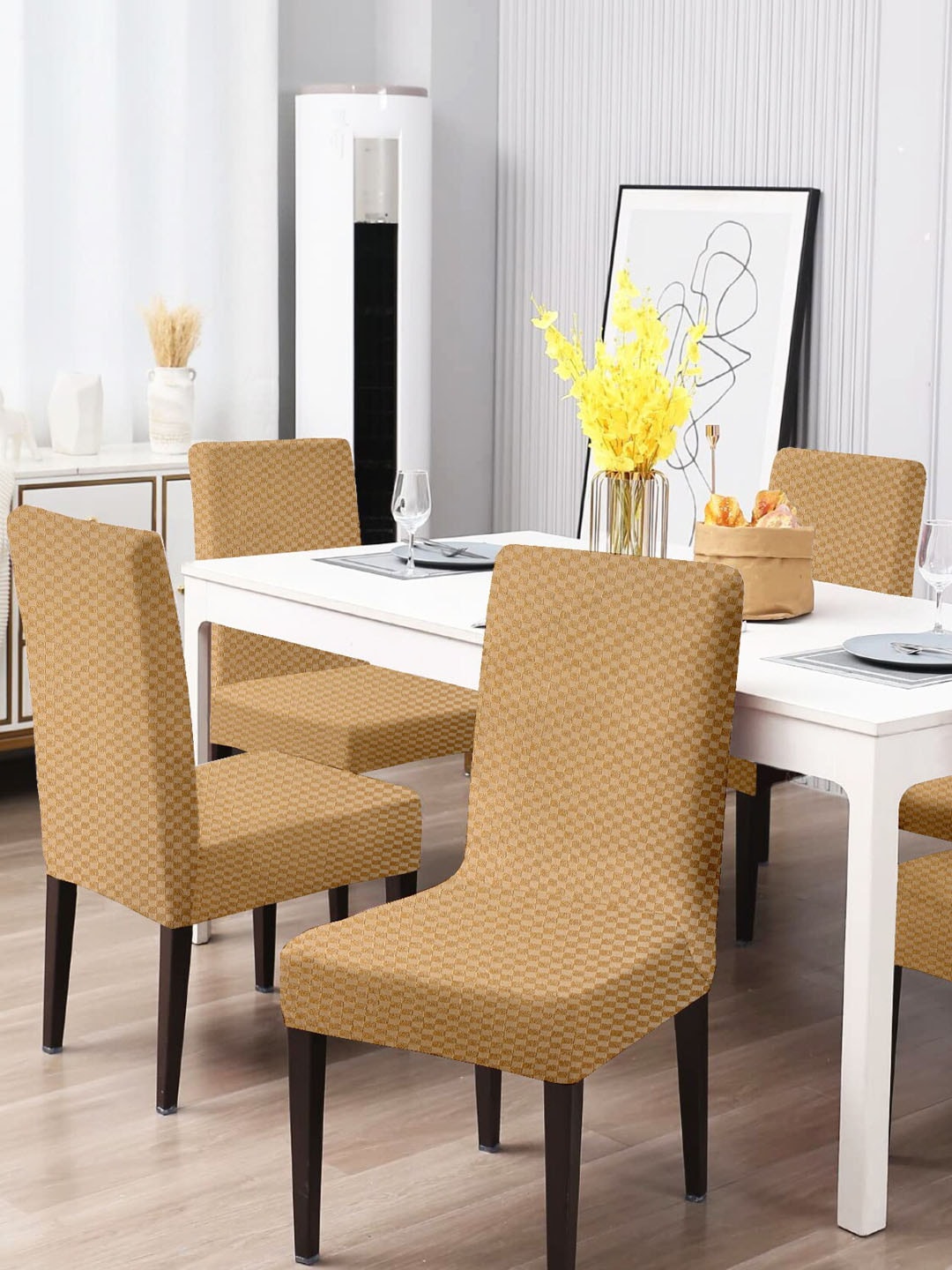 Cortina Set Of 6 Cream Jacquard Stretchable Chair Slipcovers Price in India