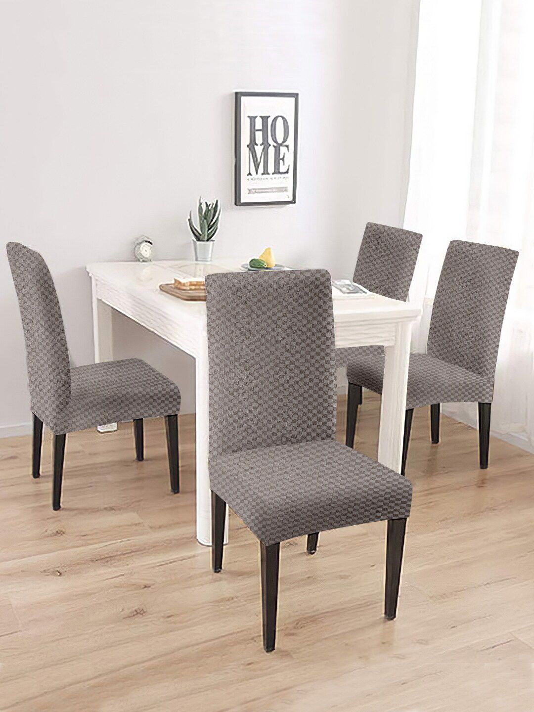 Cortina Set Of 4 Grey Jacquard Stretchable Chair Slipcovers Price in India