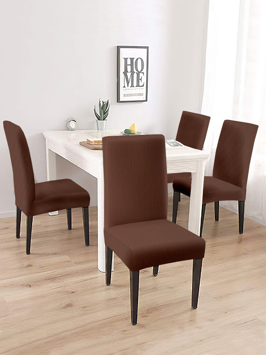 Cortina Set of 4 Brown Jacquard Stretchable Chair Slip Covers Price in India
