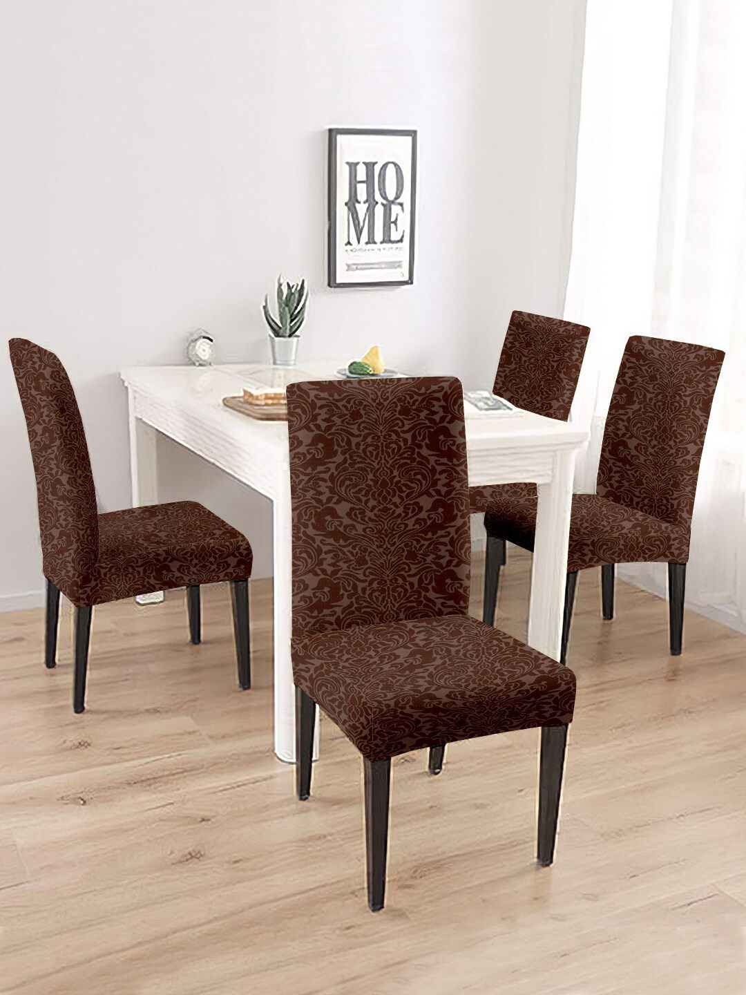 Cortina Pack Of 4 Brown Jacquard Stretchable Chair Slipcovers Price in India