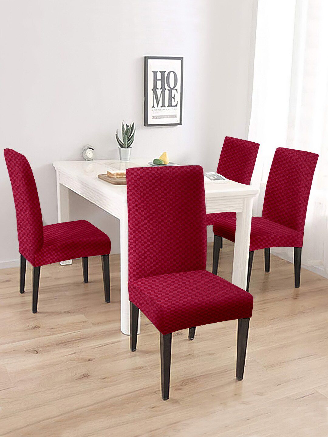 Cortina Set of 4 Maroon Jacquard Stretchable Chair Slipcovers Price in India