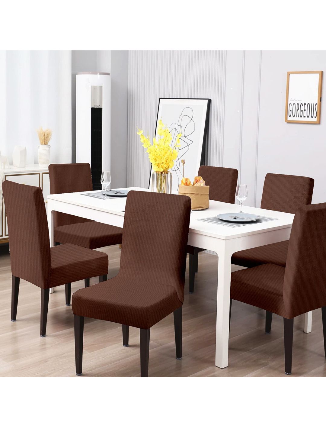 Cortina Set of 6 Brown Jacquard Stretchable Chair Slipcovers Price in India