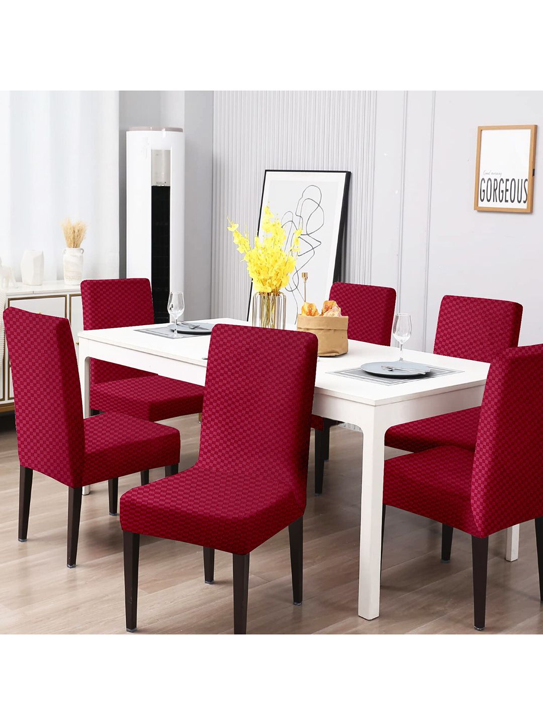 Cortina Set of 6 Maroon Jacquard Stretchable Chair Slipcovers Price in India