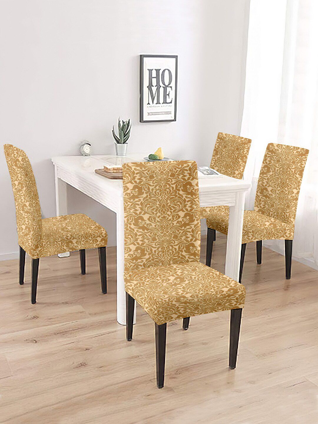Cortina Set Of 4 Beige Colored Printed Jacquard Chair Cover Price in India