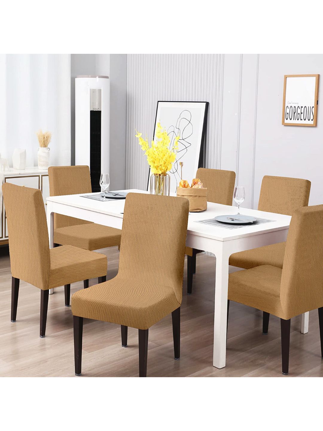 Cortina Set of 6 Cream-Coloured Jacquard Stretchable Chair Slipcovers Price in India