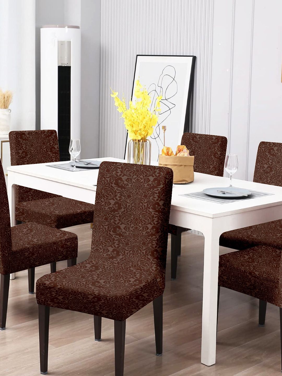 Cortina Set of 6 Brown Jacquard Stretchable Chair Slip Covers Price in India