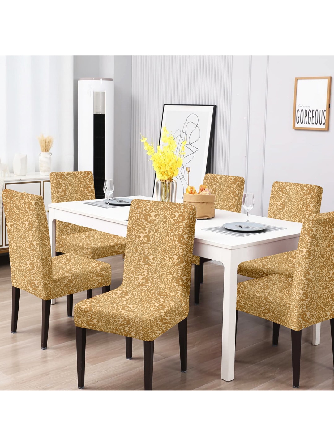 Cortina Set Of 6 Beige Jacquard Stretchable Chair Slipcovers Price in India