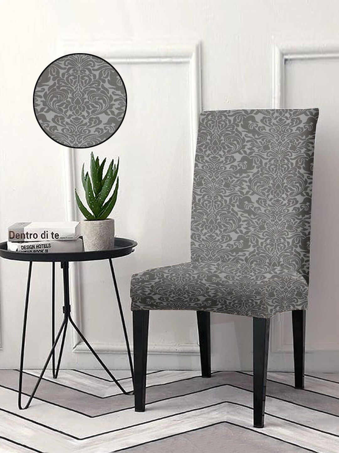 Cortina Grey Jacquard Stretchable Chair Slipcover Price in India