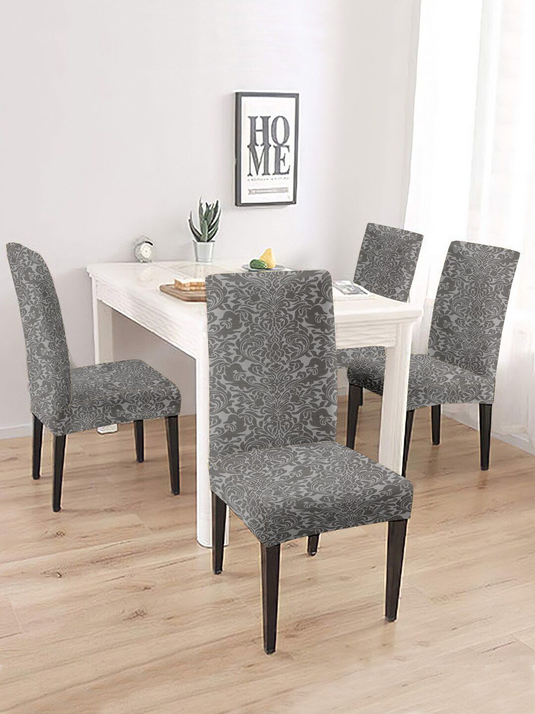 Cortina Set of 4 Grey Printed Jacquard Stretchable Chair Slipcovers Price in India