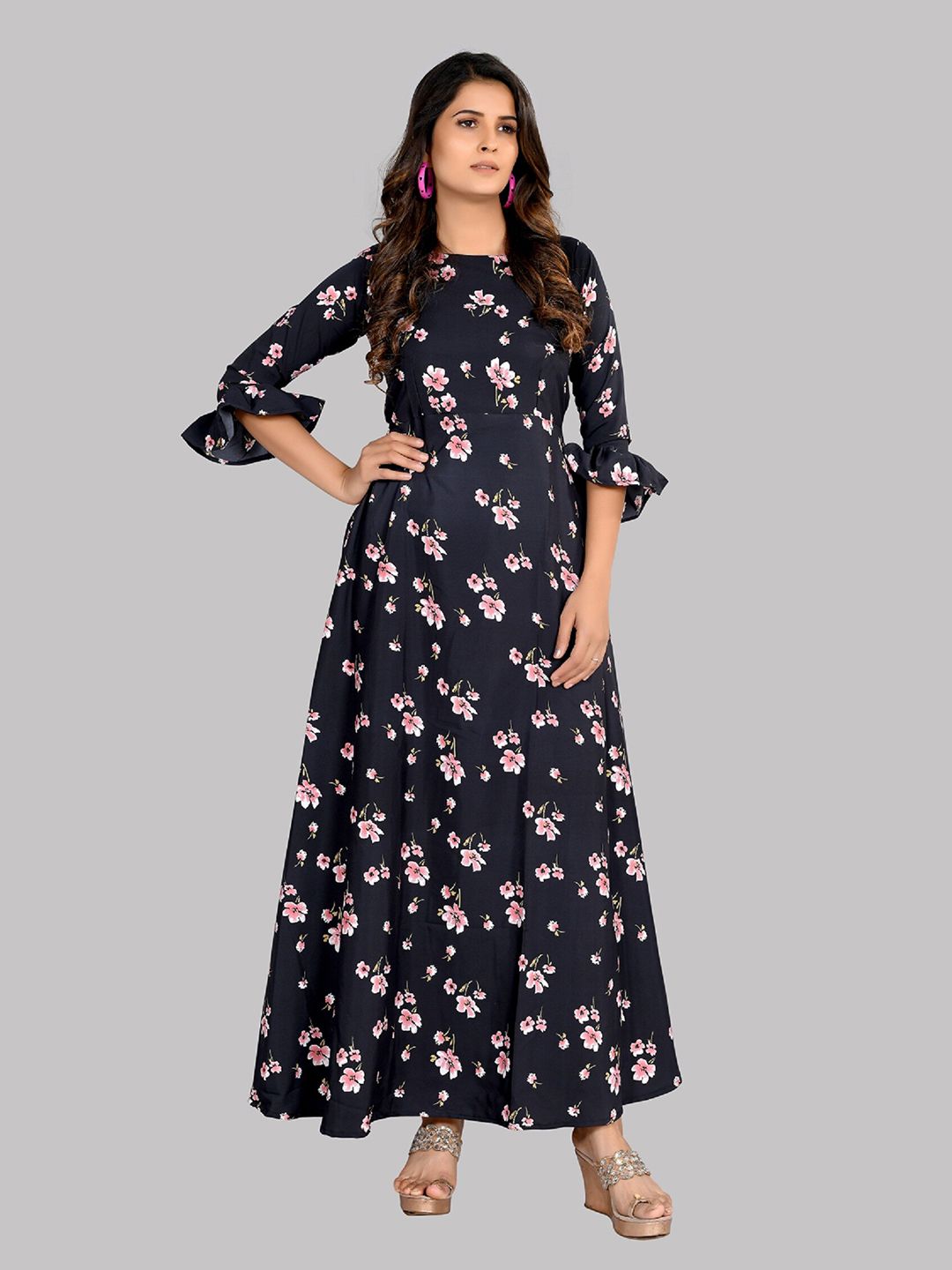 AUCREATIONS Women Black Floral Crepe Maxi Dress Price in India