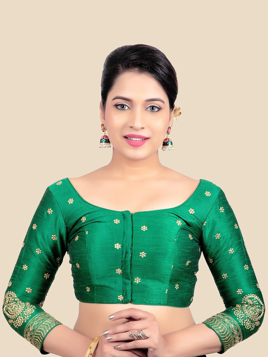 FEMMIBELLA Women Green Embroidered Silk Readymade Saree Blouse Price in India