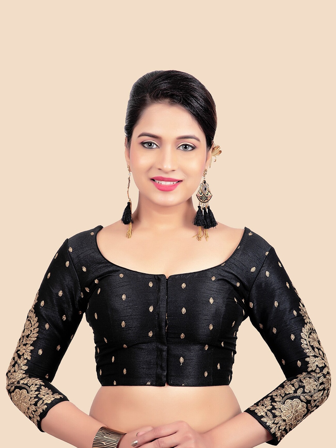 FEMIIBELLA Women Black & Gold-Toned Embroidered Saree Blouse Price in India