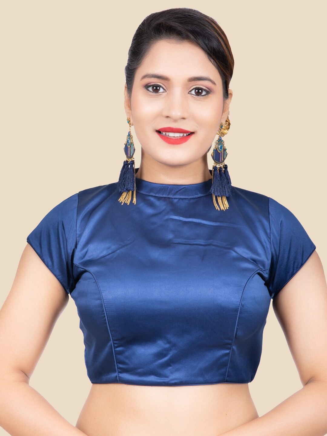 FEMMIBELLA Women Navy Blue Solid High Neck Dupion Silk Padded Blouse Price in India