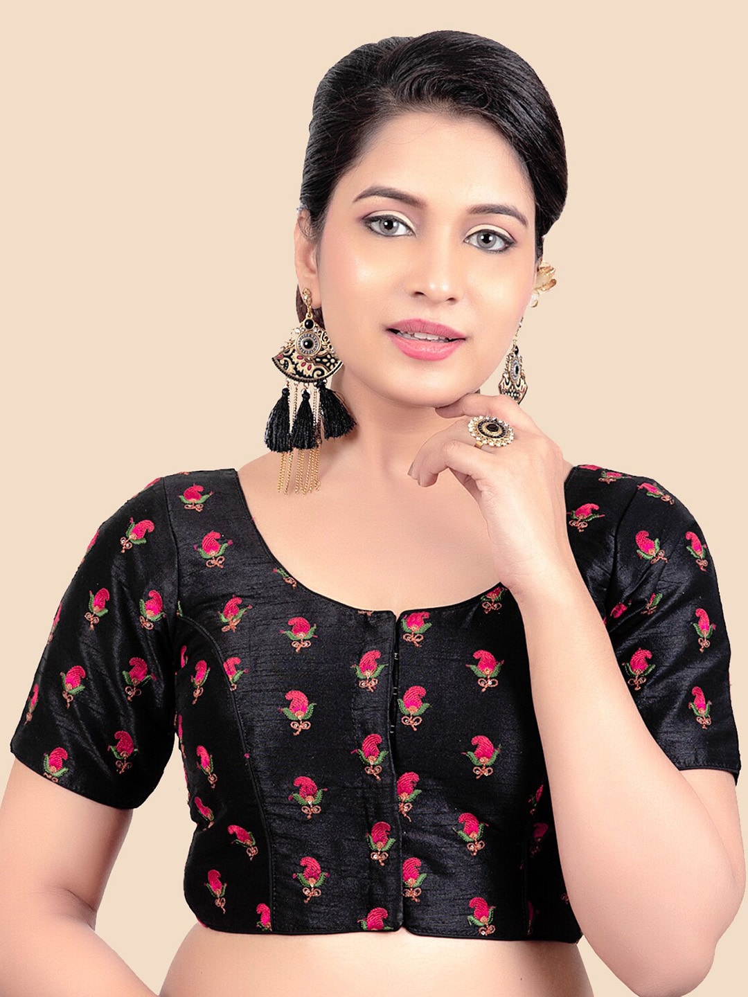 FEMMIBELLA Black & Pink Embroidered Blouse Price in India