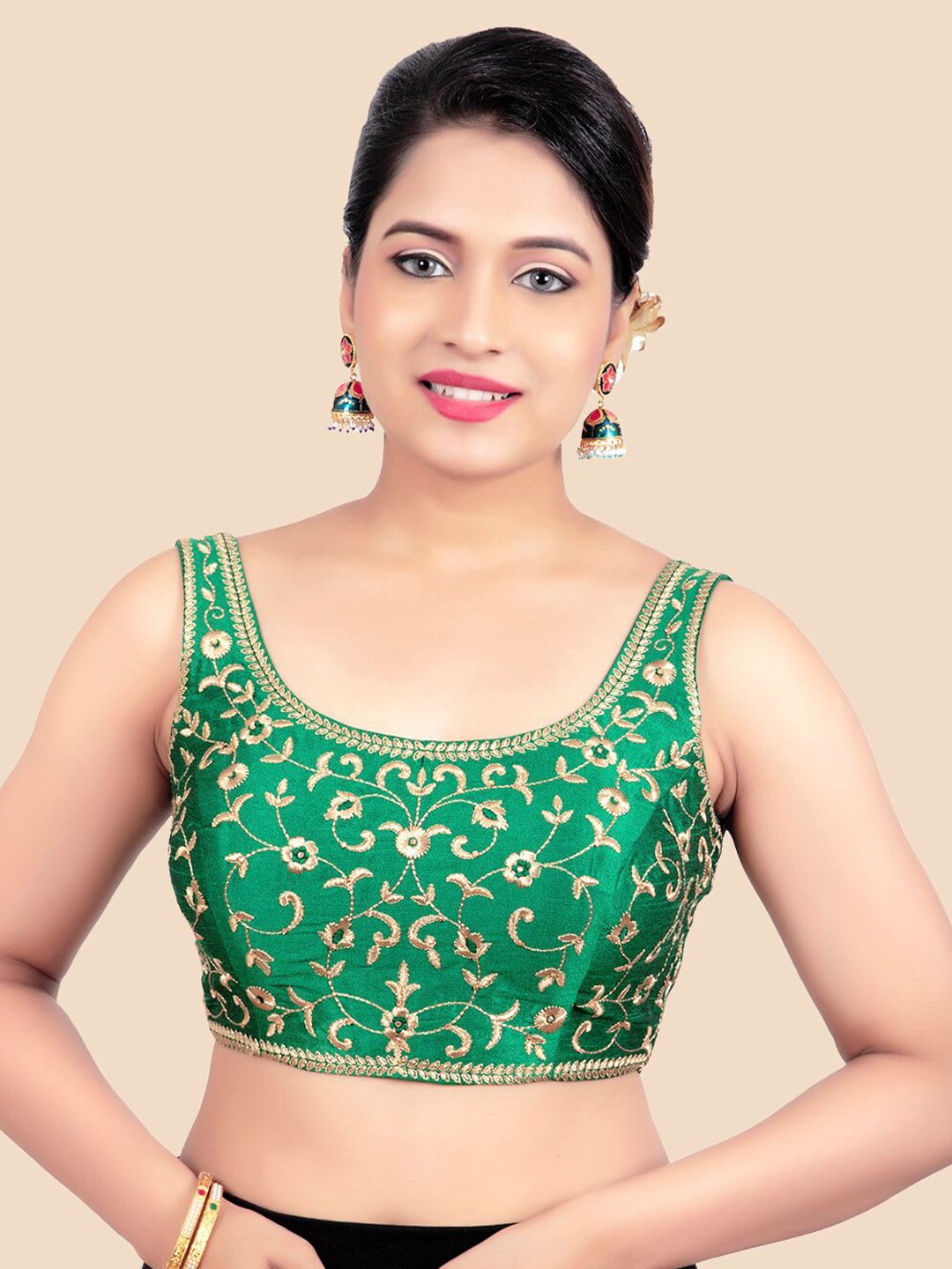 FEMMIBELLA Women Green Embroidred Padded Readymade Saree Blouse Price in India