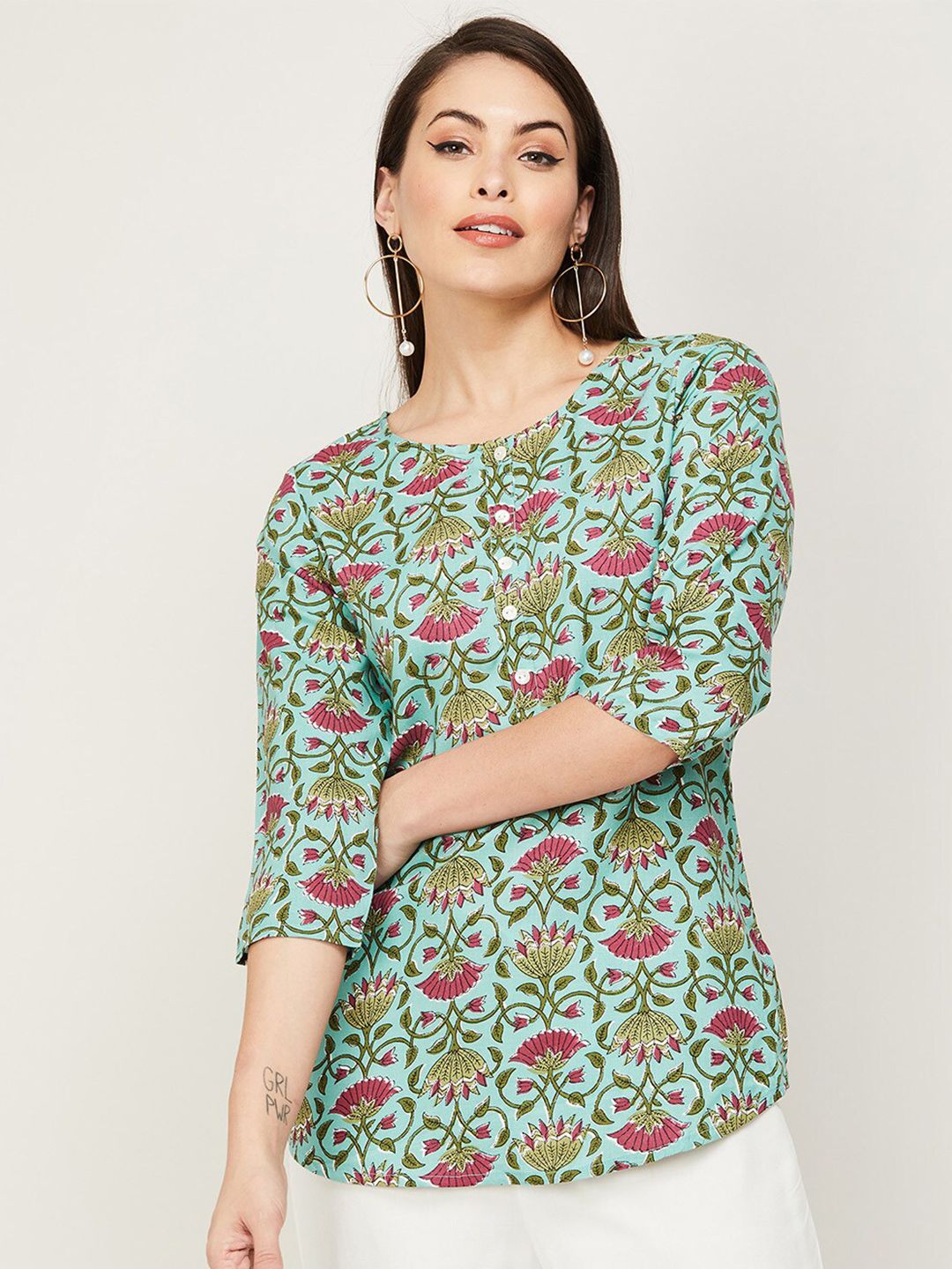 Melange by Lifestyle Blue & Red Ethnic Motifs Printed Kurti Price in India