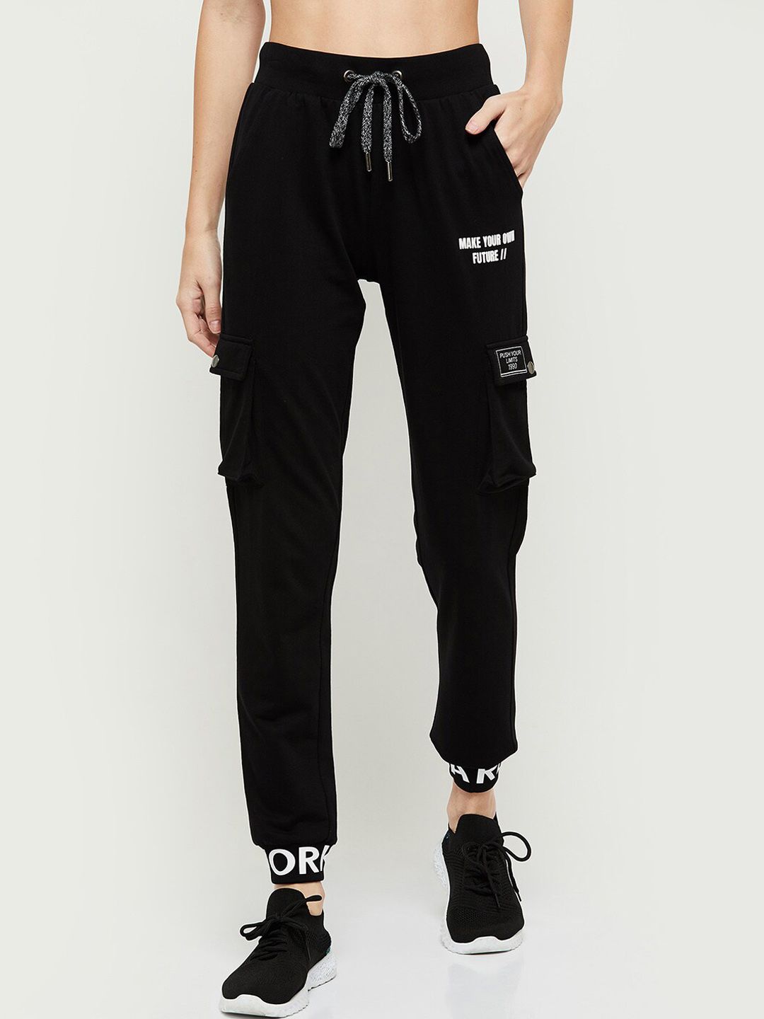 max Women Black Solid Cotton Track Pants Price in India