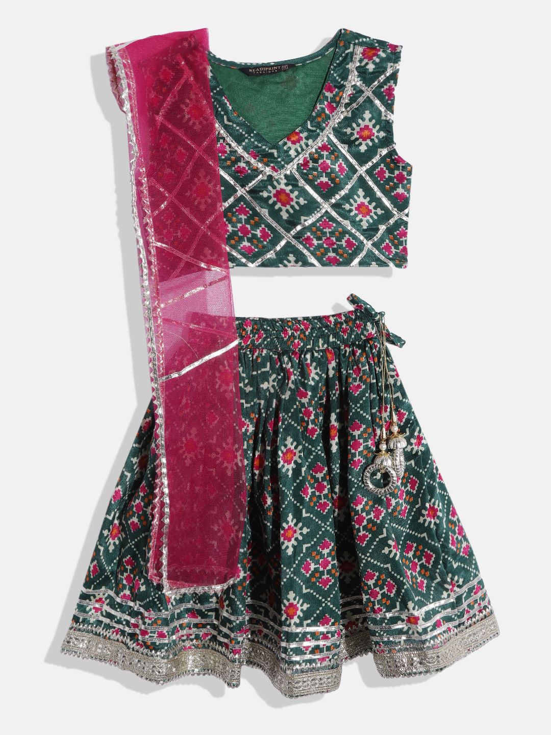 Readiprint Fashions Girls Green & Magenta Embellished Ready to Wear Lehenga & Blouse With Dupatta Price in India