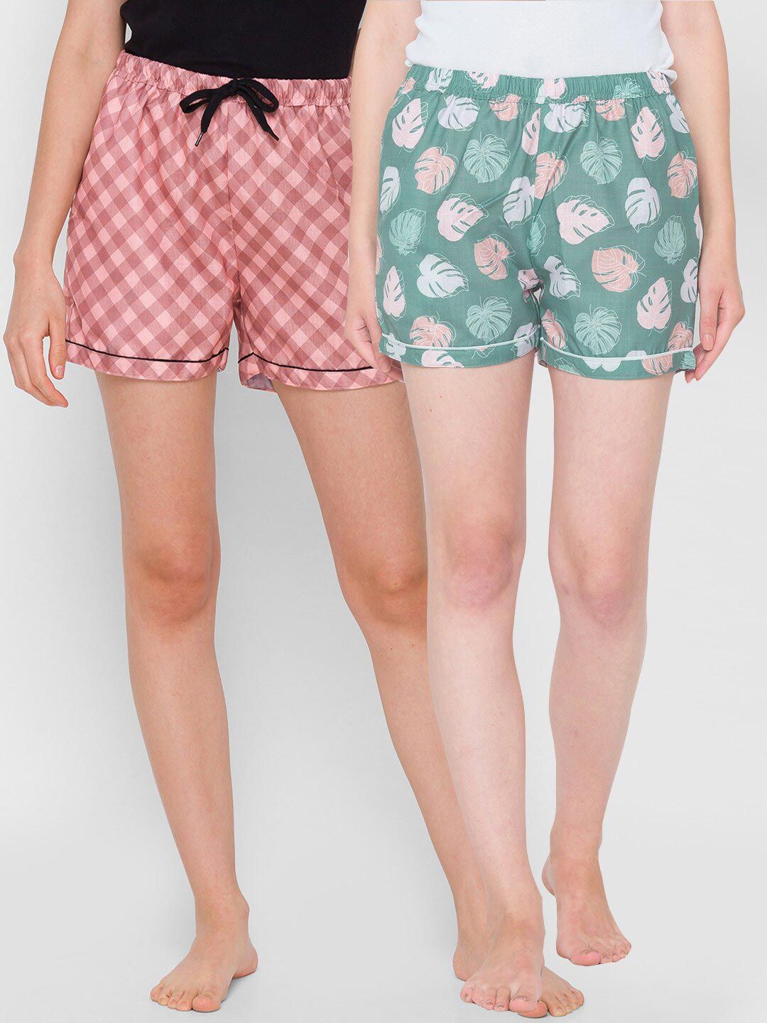 FashionRack Women Set Of 2 Green & Coral-Coloured Printed Lounge Shorts Price in India