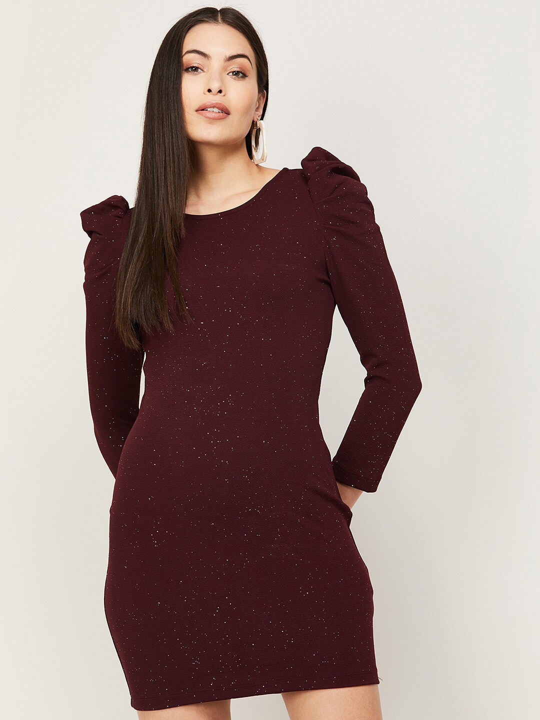 Ginger by Lifestyle Maroon Bodycon Dress With Puff Sleeves Price in India