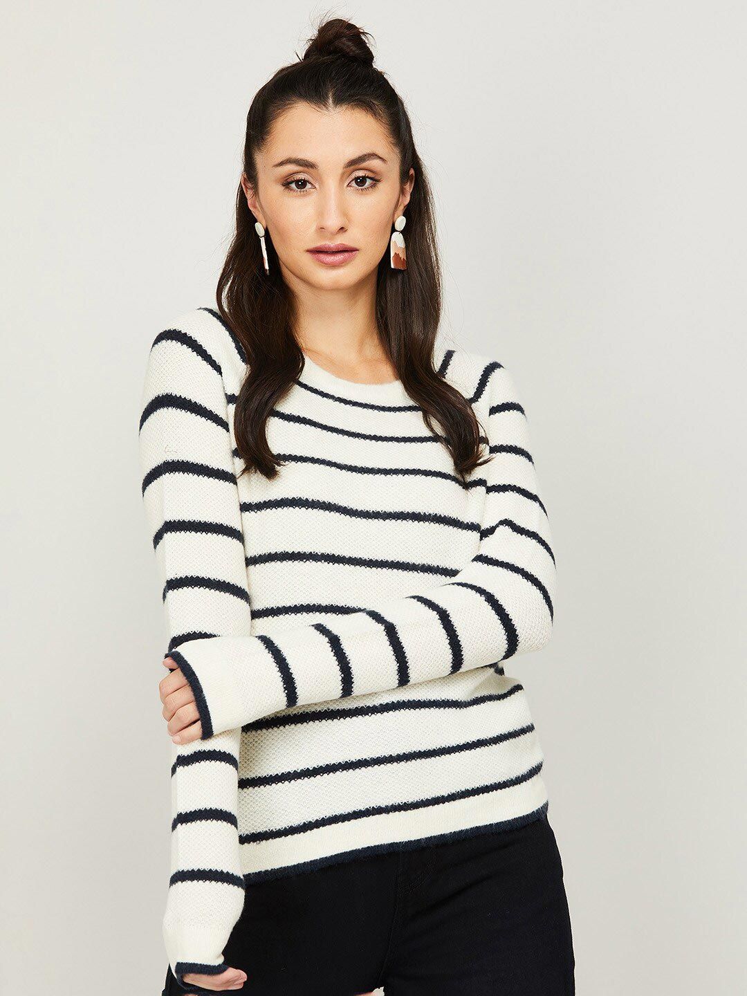 Fame Forever by Lifestyle Women White Striped Full Sleeve Sweatshirt Price in India