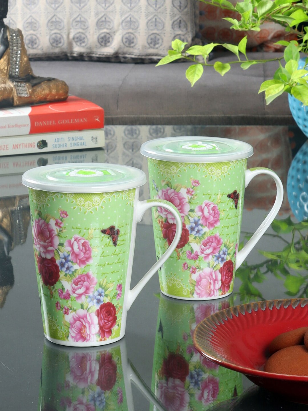 ceradeco Pack of 2 Green & Red Printed Ceramic Glossy Mugs with Lid Price in India