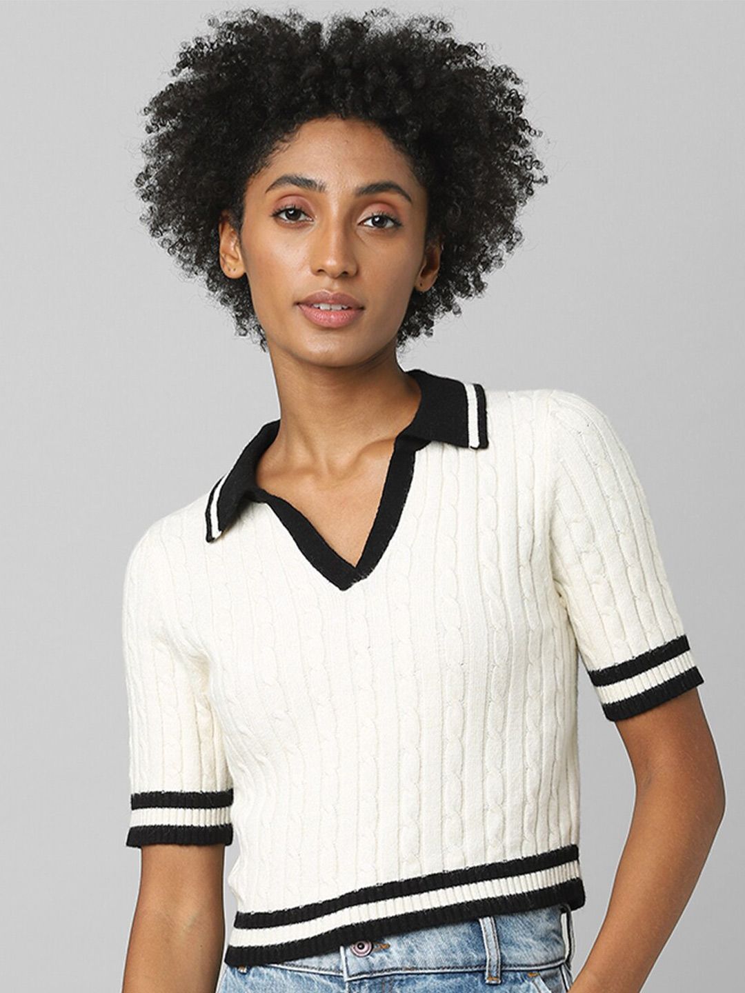 ONLY Women White & Black Crop KNIT  Top Price in India