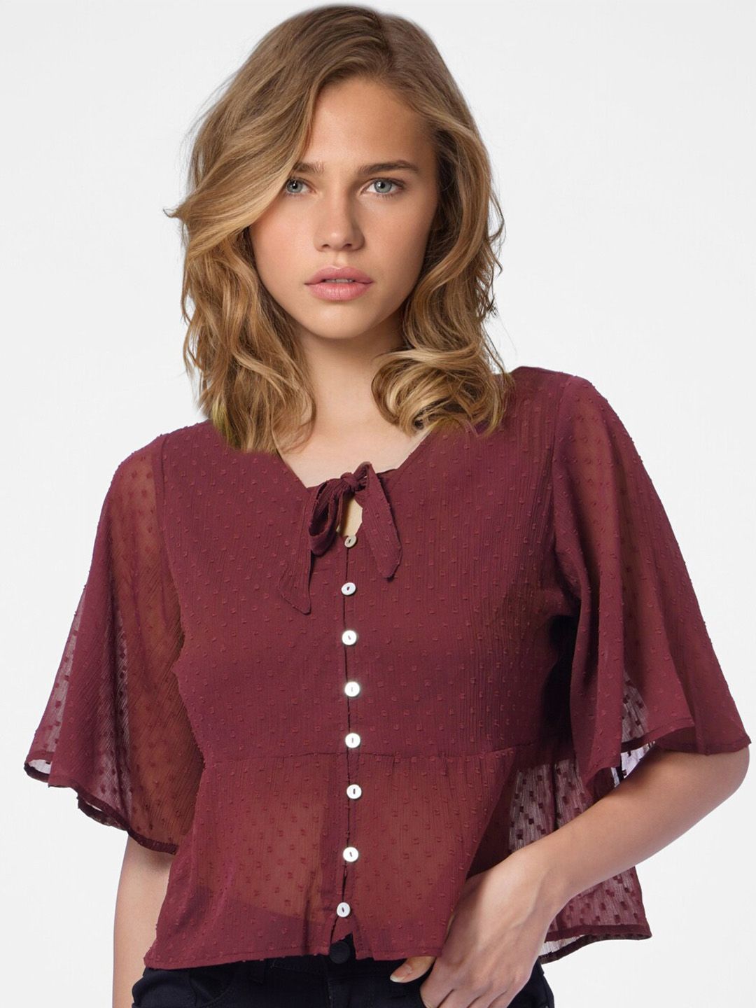 ONLY Women Purple Tie-Up Neck Top Price in India