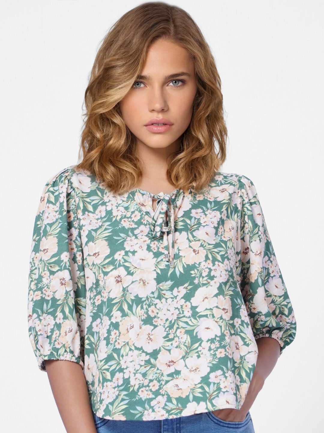 ONLY Green & White Floral Print Tie-Up Neck Blouson Top Price in India