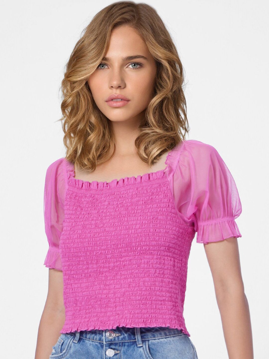 ONLY Women Pink Smocked Top Price in India