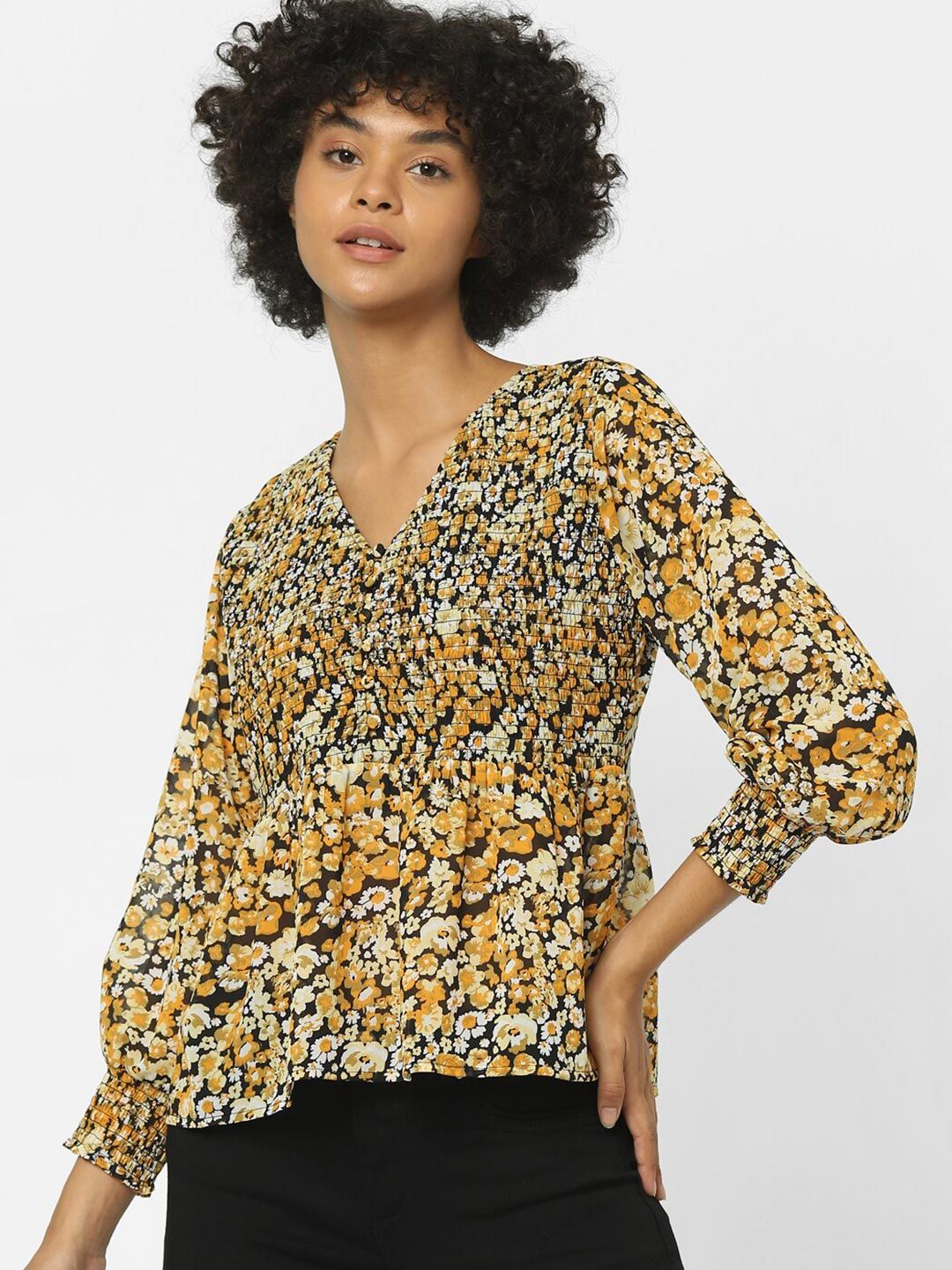 ONLY Mustard Yellow & Black Floral Print Peplum Top Price in India