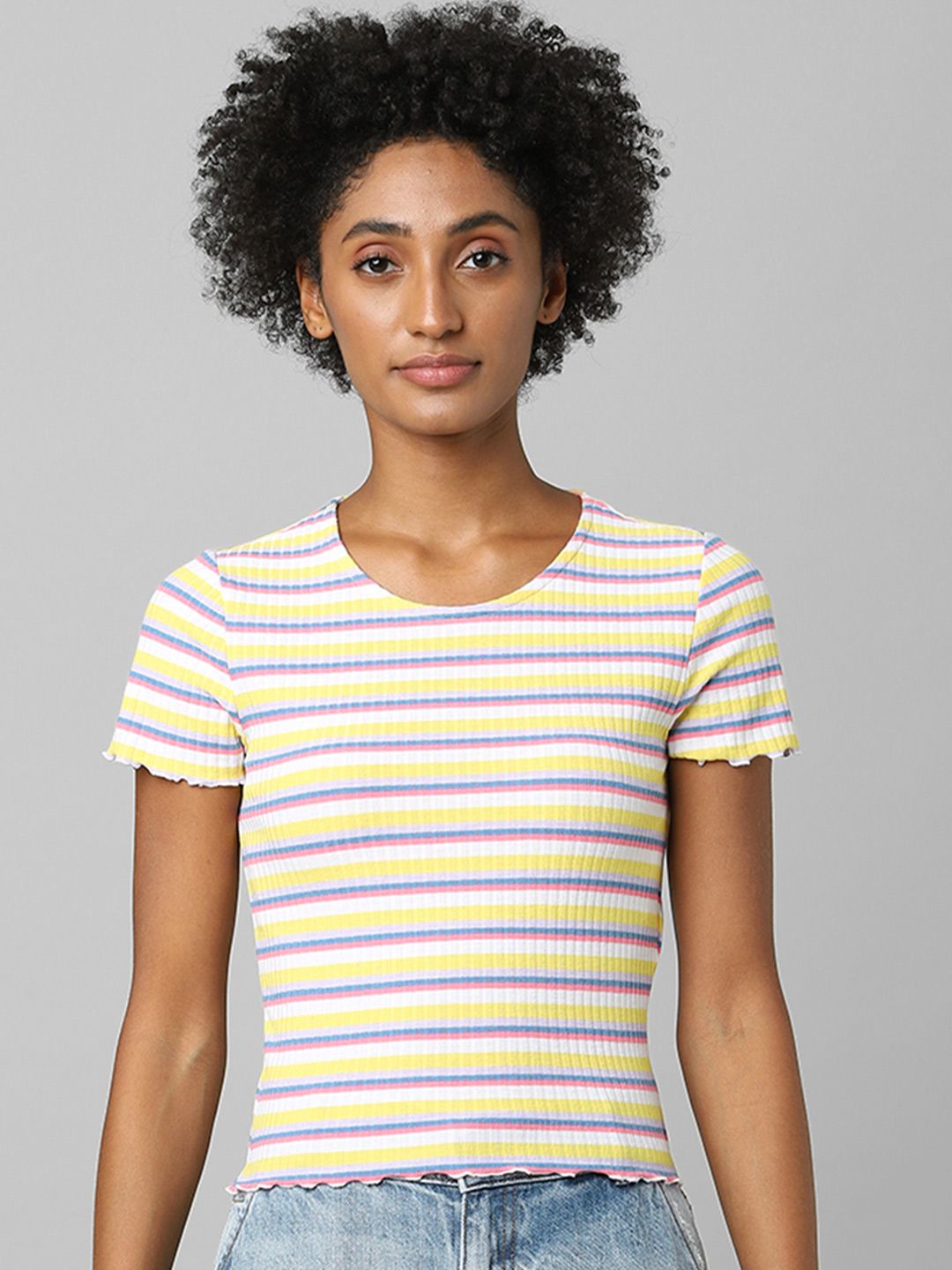 ONLY Women Yellow Striped Top Price in India
