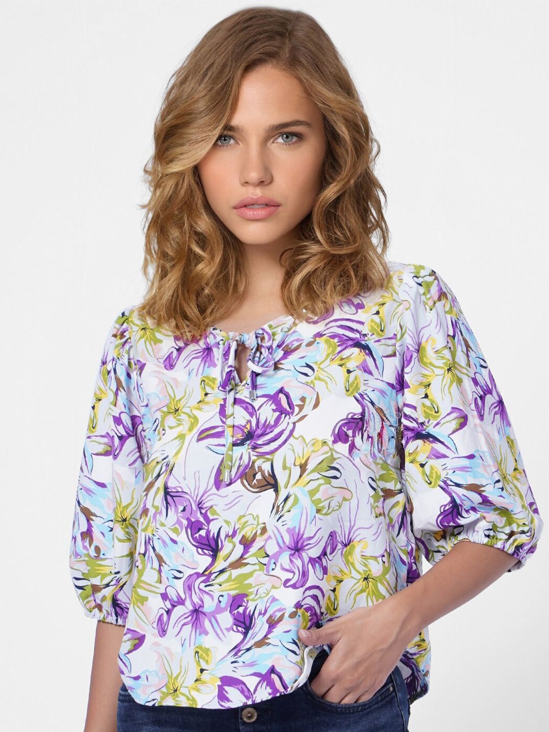 ONLY White Women Floral Print Tie-Up Neck Blouson Top Price in India