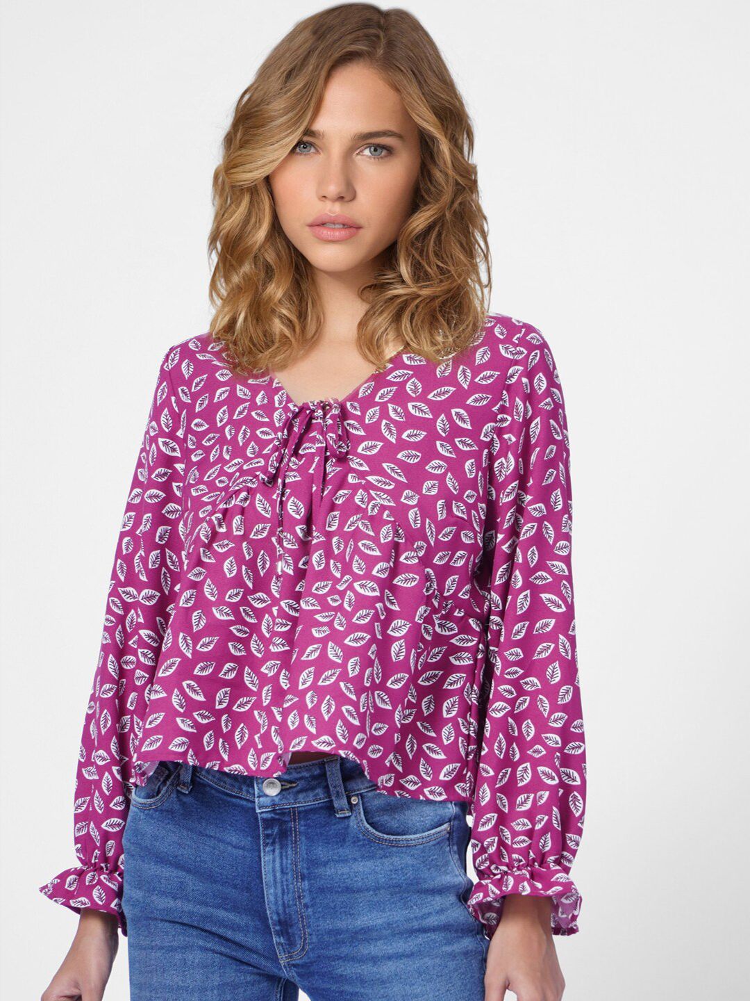 ONLY Women Magenta & White Tropical Printed Empire Top Price in India