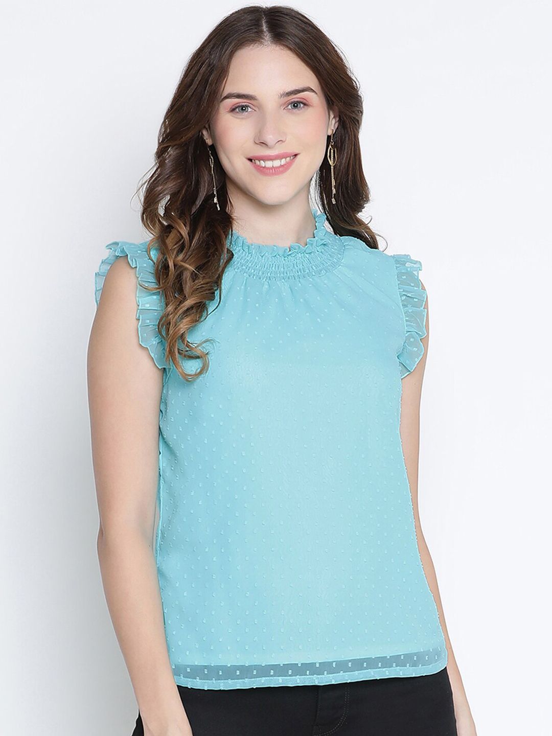DRAAX Fashions Women Blue Self Designed High Neck Top Price in India