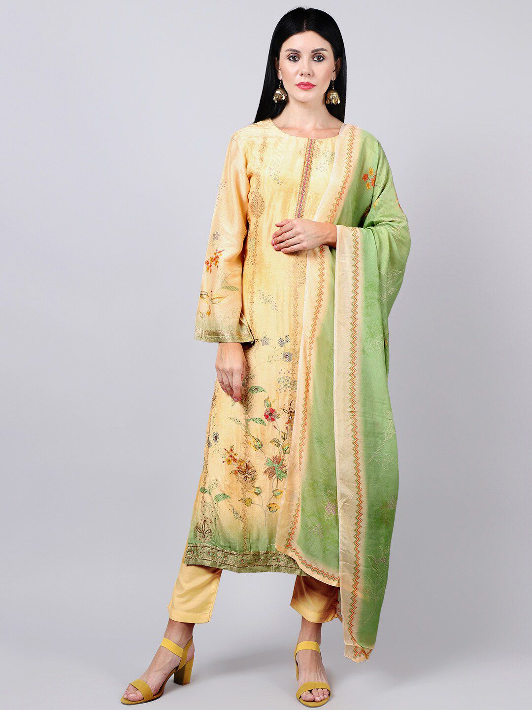 Stylee LIFESTYLE Beige & Green Printed Pure Silk Unstitched Dress Material Price in India