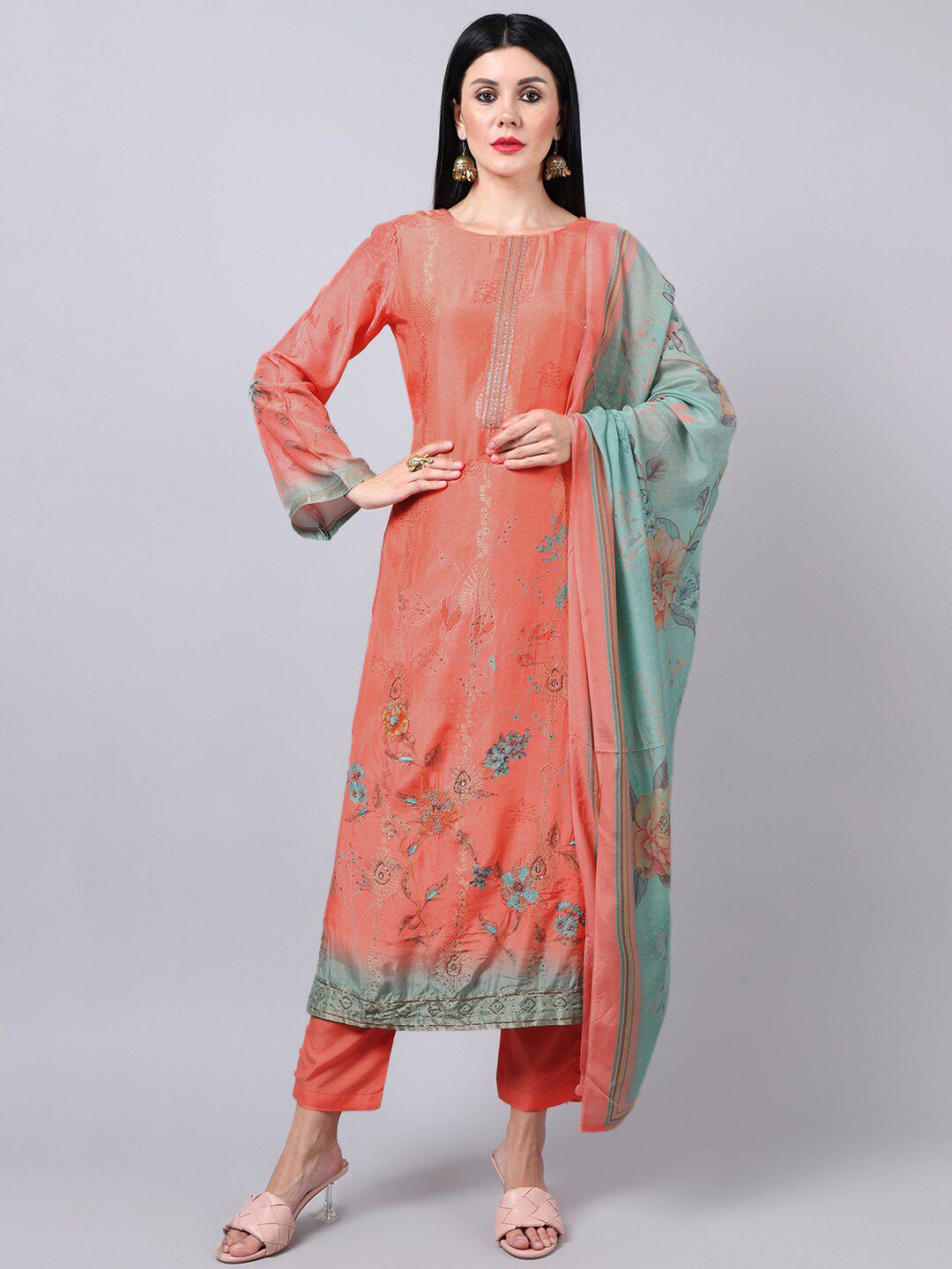 Stylee LIFESTYLE Women Peach & Sea Green Embroidered Pure Silk Unstitched Dress Material Price in India