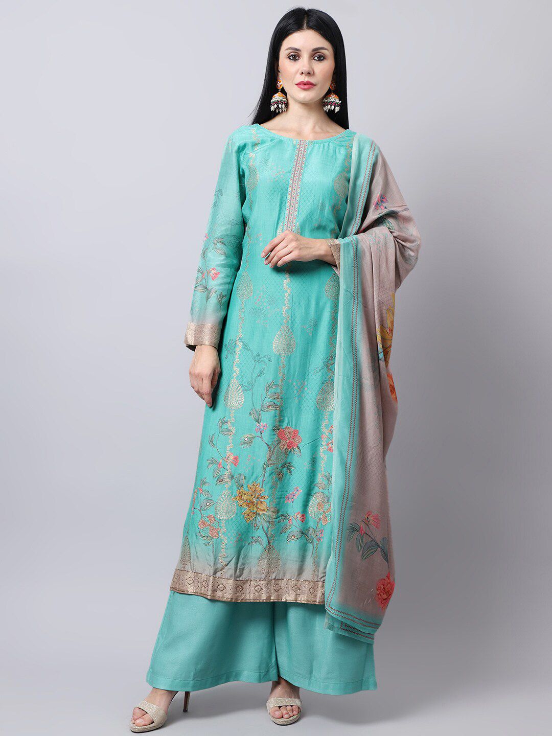 Stylee LIFESTYLE Green & Orange Printed Pure Silk Unstitched Dress Material Price in India