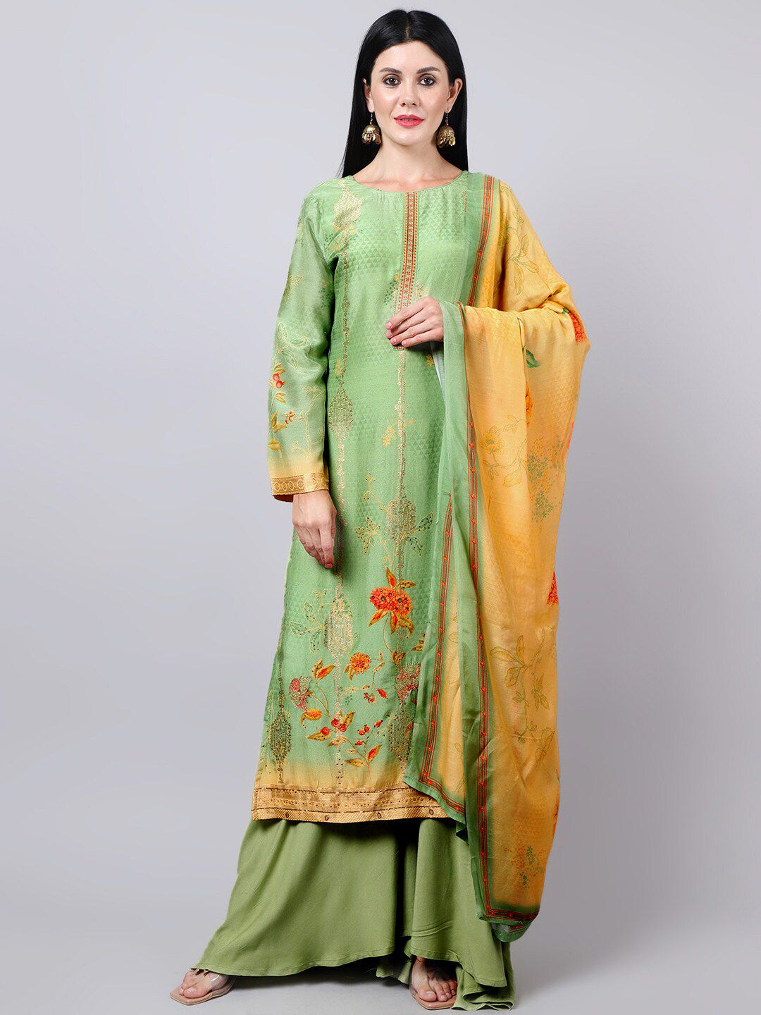 Stylee LIFESTYLE Women Green & Orange Embroidered Pure Silk Unstitched Dress Material Price in India